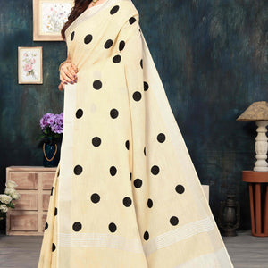 Cream Embroidered Linen Cotton Saree With Zari Border