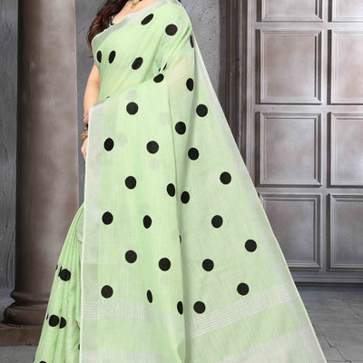 Light Green Embroidered Linen Cotton Saree With Zari Border