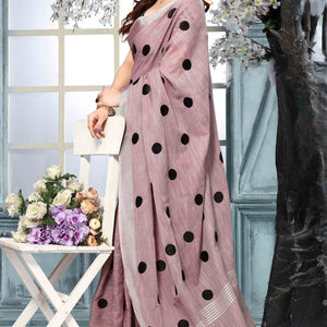 Mauve Embroidered Linen Cotton Saree With Zari Border