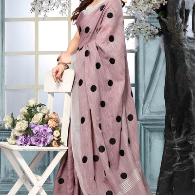 Mauve Embroidered Linen Cotton Saree With Zari Border