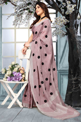 Mauve Embroidered Linen Cotton Saree With Zari Border