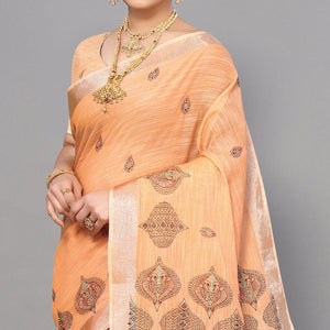 Light Orange Embroidered Cotton Silk Saree With Tassels