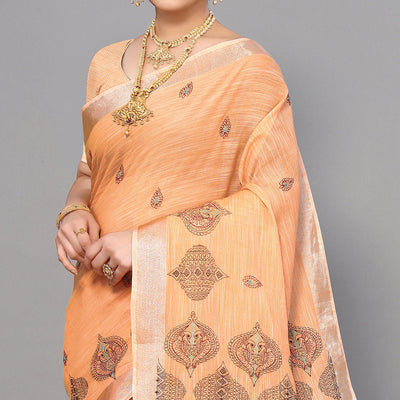Light Orange Embroidered Cotton Silk Saree With Tassels