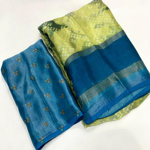 Lemon Green Bandhani Printed Chiffon Saree With Zari Border