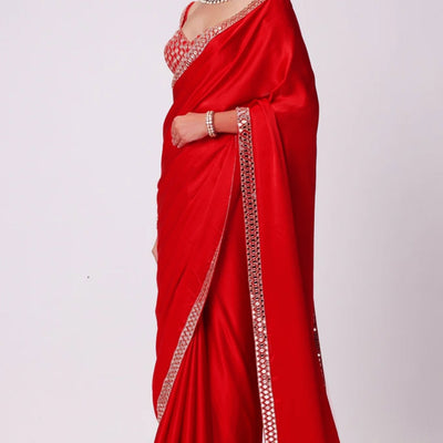 Crimson Red Mirror Embroidered Organza Saree