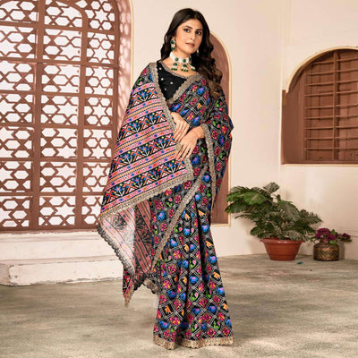Black Printed Patola Tussar Silk Saree
