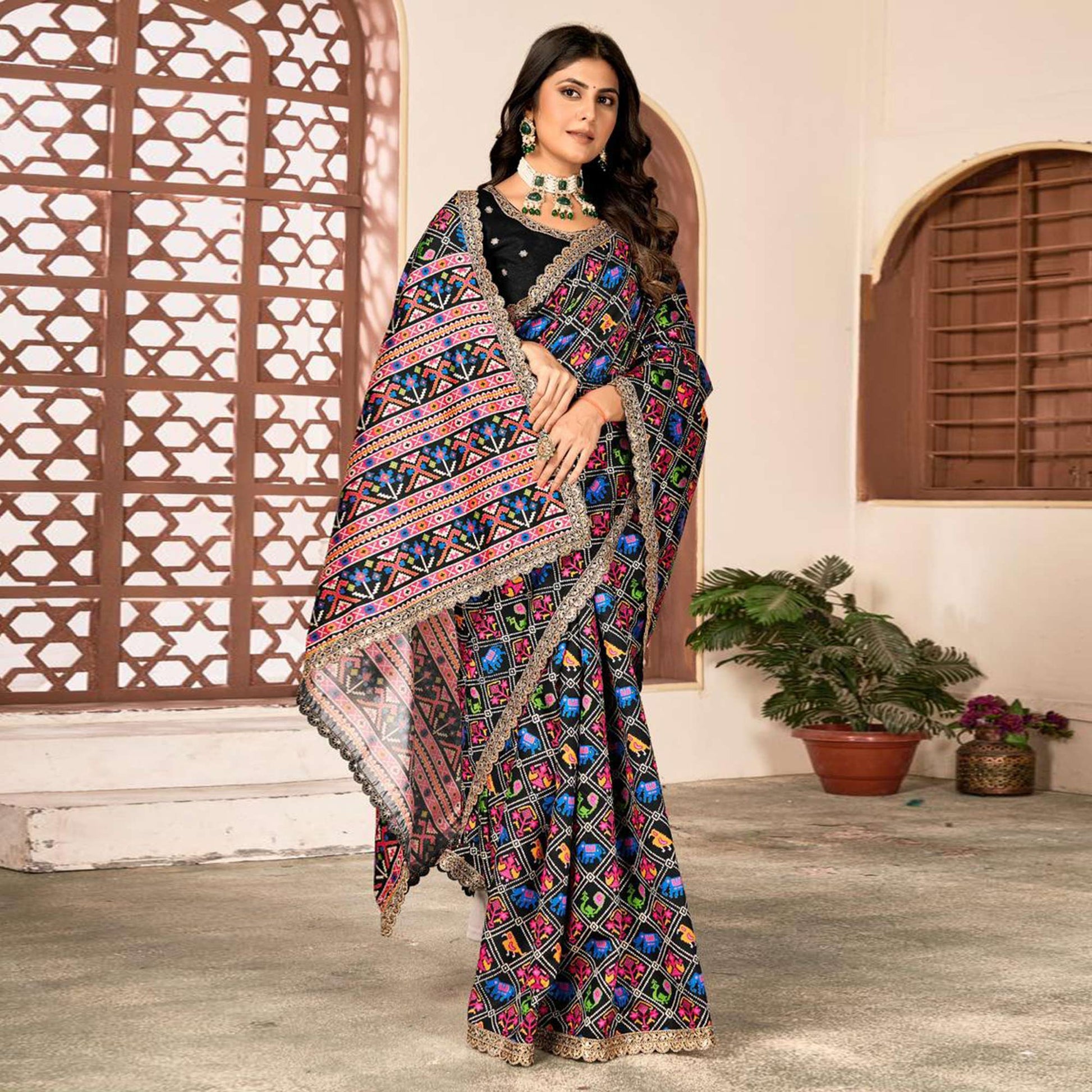 Black Printed Patola Tussar Silk Saree