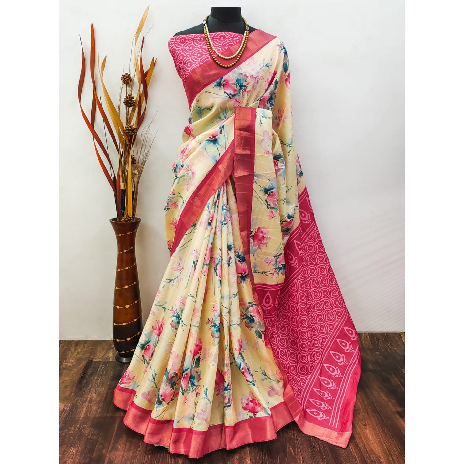 Cream & Pink Floral Digital Printed Dola Silk Saree With Jacquard Border