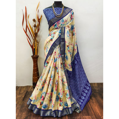 Cream & Blue Floral Digital Printed Dola Silk Saree With Jacquard Border