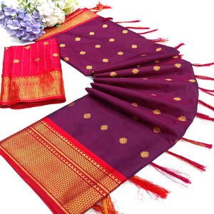 Purple Zari Woven Lichi Art Silk Saree With Tassels