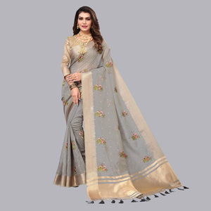 grey-floral-embroidered-cotton-silk-saree-with-zari-border