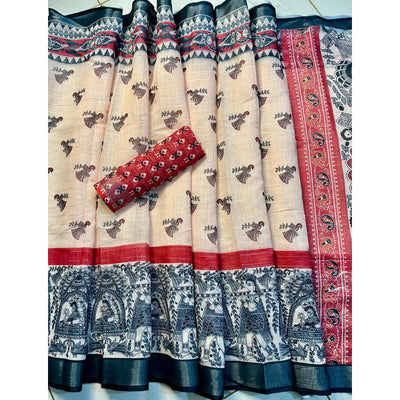 Cream Digital Printed Linen Saree