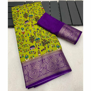 green-warli-printed-dola-silk-saree-with-zari-border