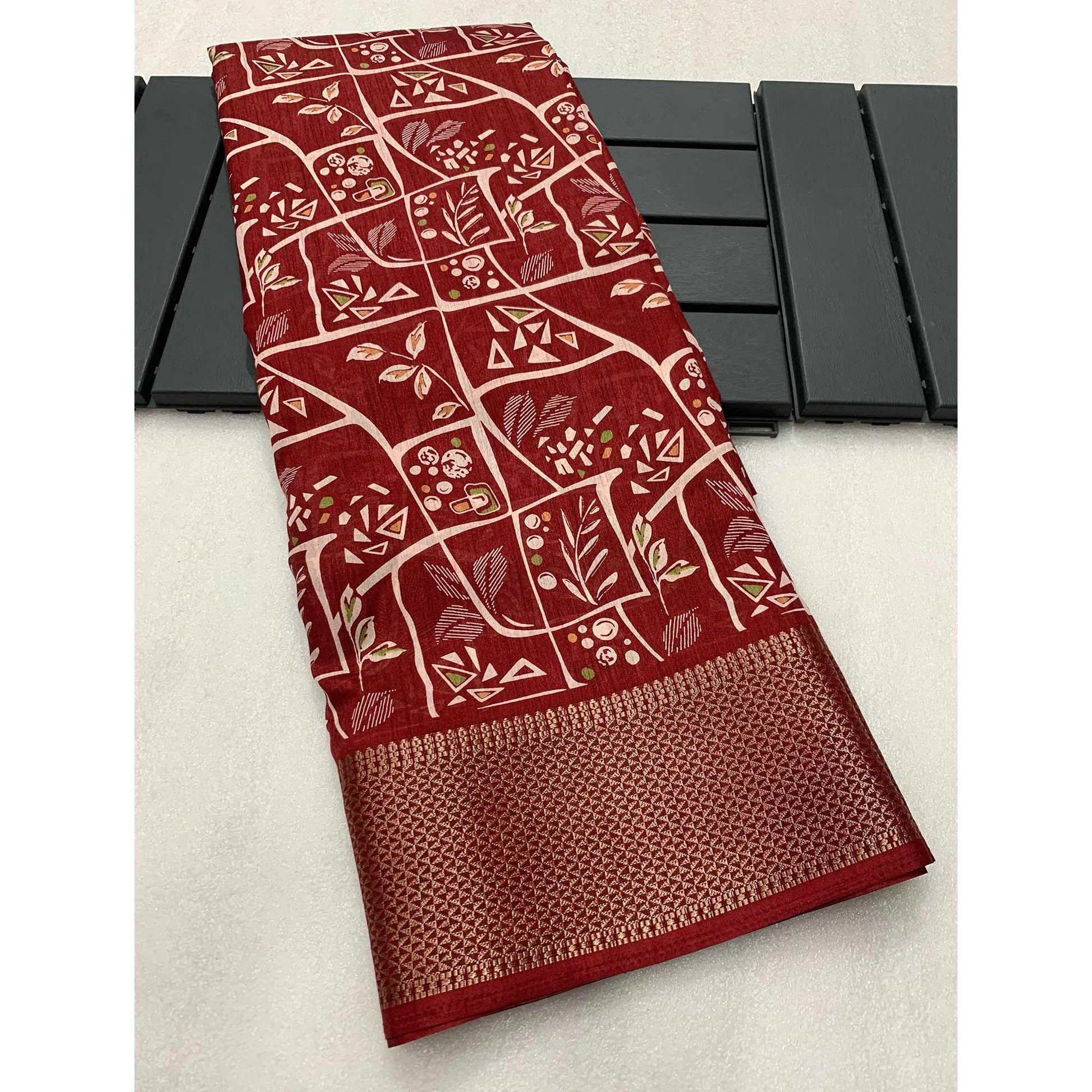Maroon Printed Dola Silk Saree With Jacquard Border