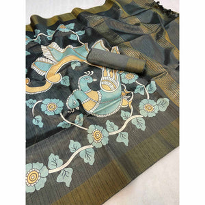 Dark Grey Floral Printed Tussar Silk Saree