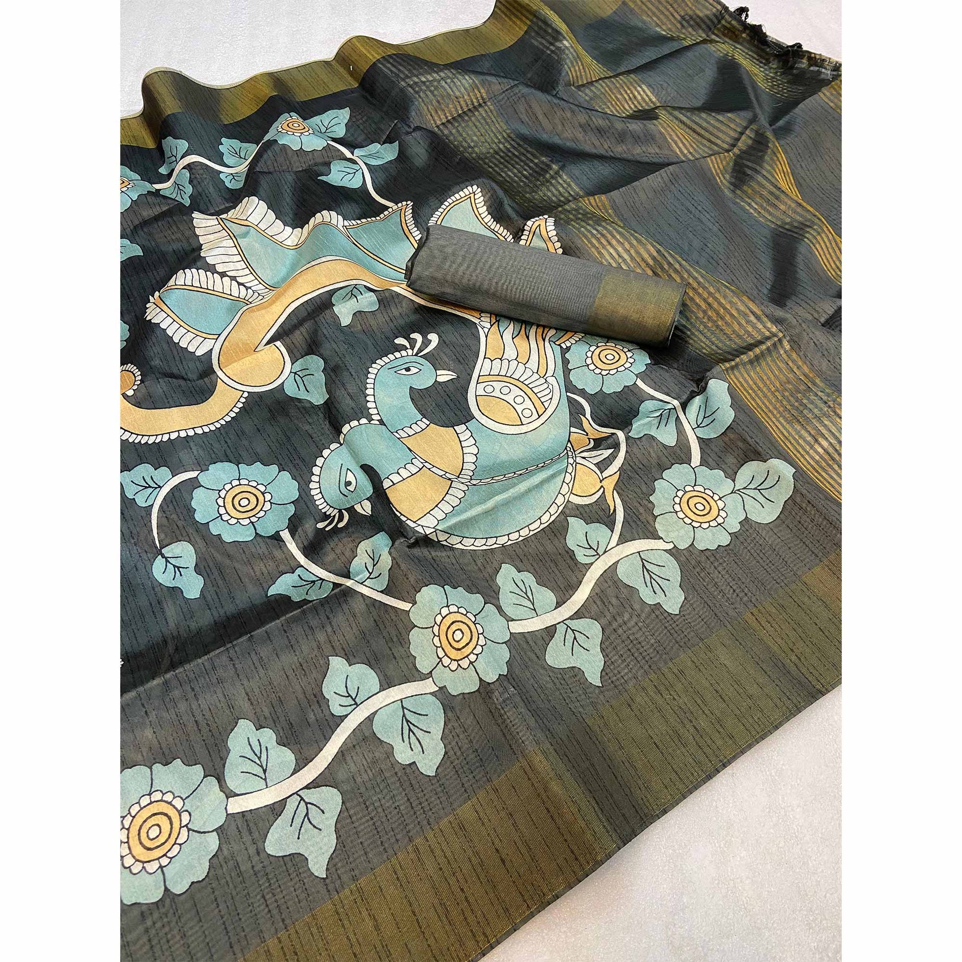 Dark Grey Floral Printed Tussar Silk Saree