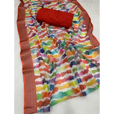 Multicolor Leheriya Printed Woven Linen Saree