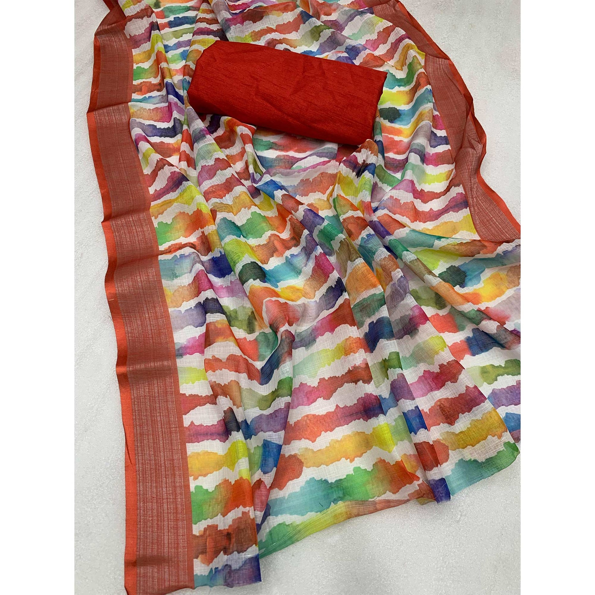 Multicolor Leheriya Printed Woven Linen Saree