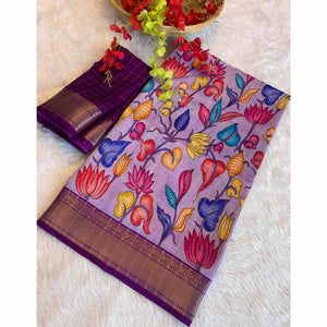 Lavender Floral Printed Dola Silk Saree With Zari Border