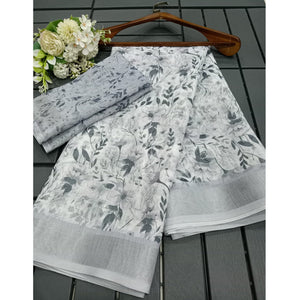 Light Grey Floral Digital Printed Linen Saree