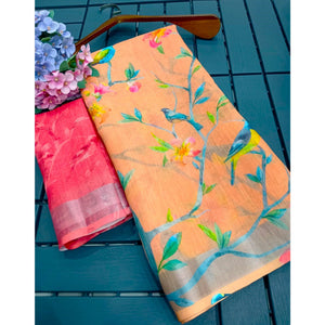 Orange Printed Linen Saree