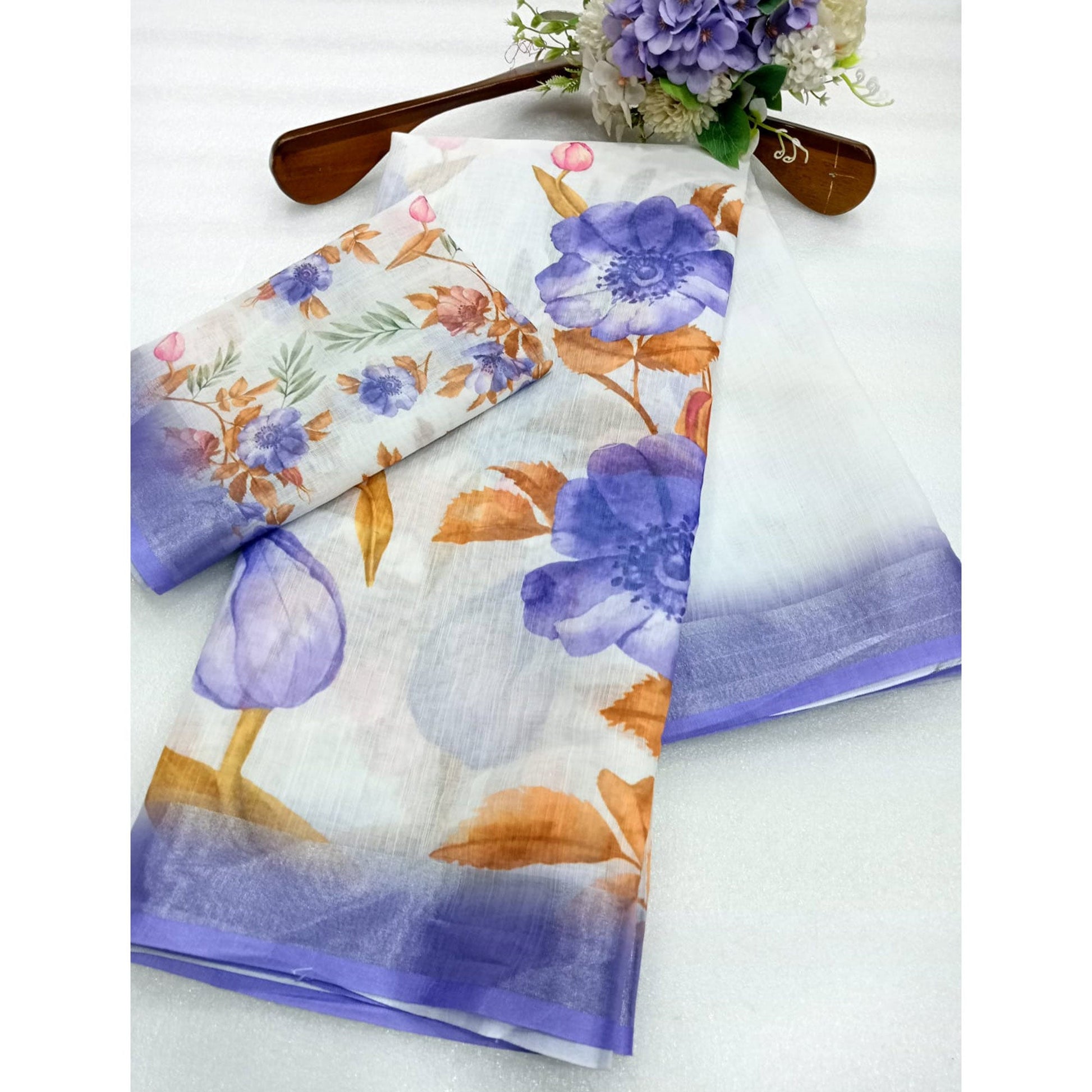 Lavender Floral Printed Linen Saree