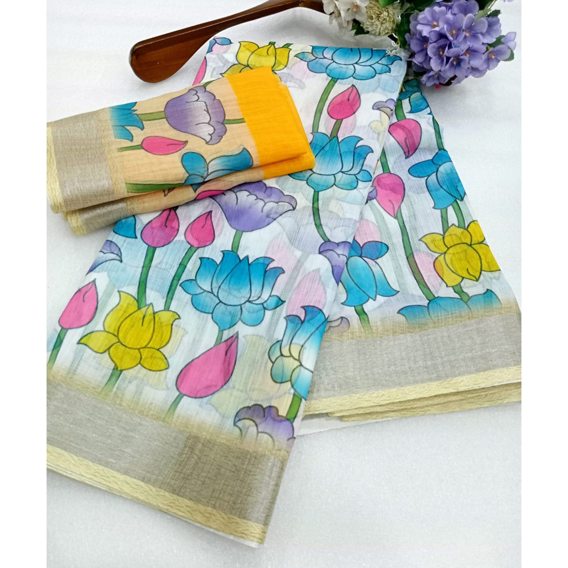 Multicolor Floral Printed Linen Saree