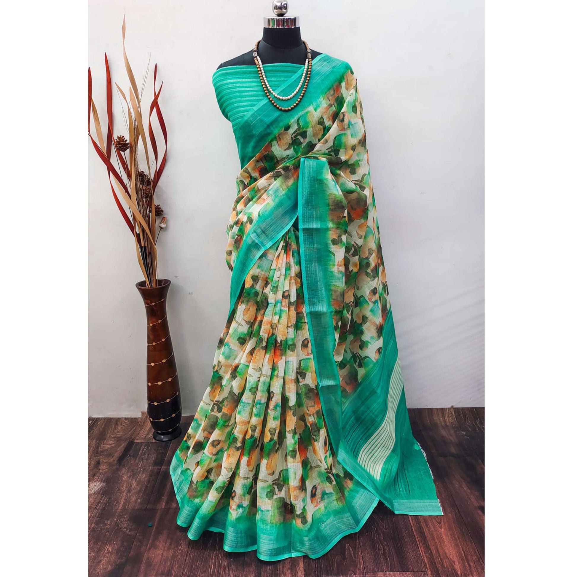 green-abstract-digital-printed-linen-saree-with-zari-border