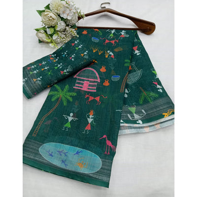 green-digital-printed-linen-saree-4