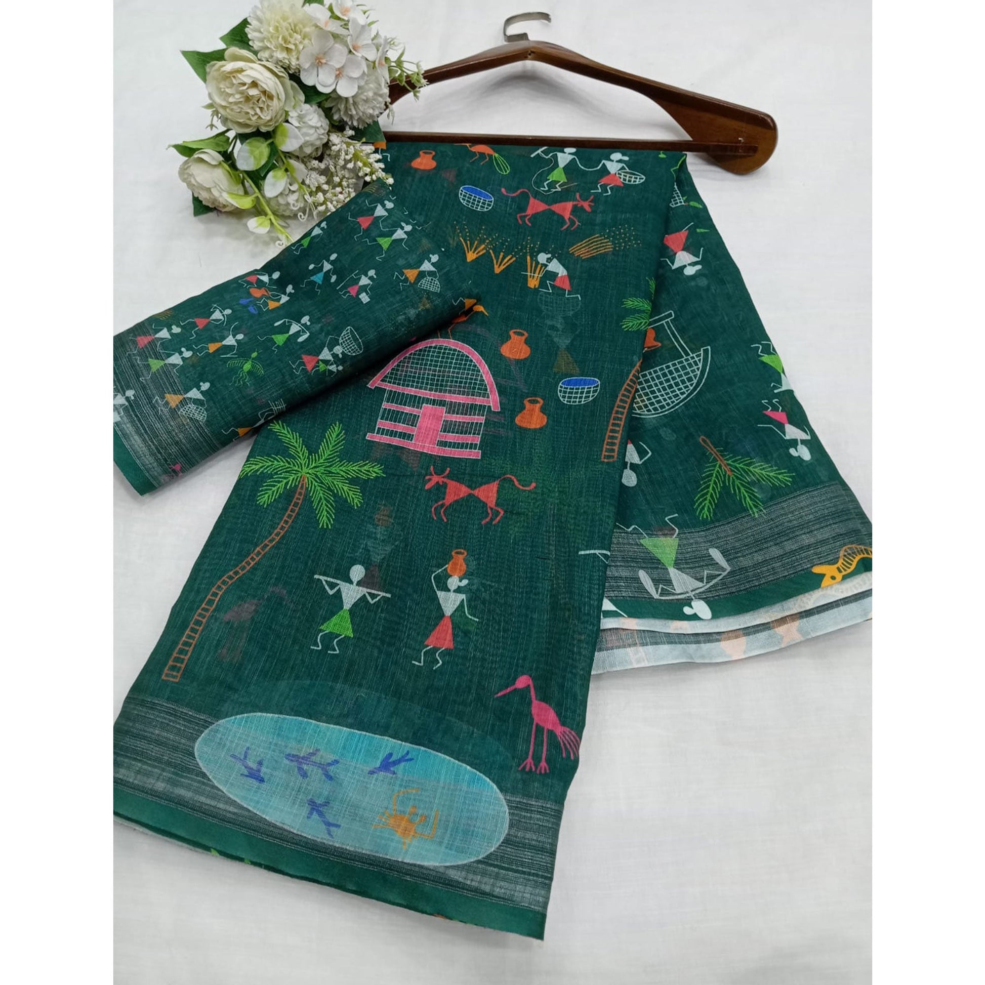 green-digital-printed-linen-saree-4