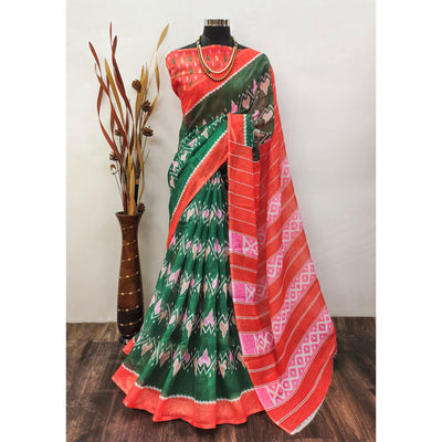 green-ikkat-printed-linen-saree-1
