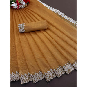 Chikoo Stone Work Embroidered Twill Gold Net Saree