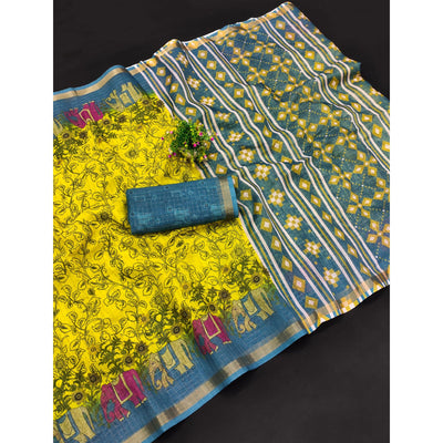 Lemon Yellow Checks Zari Woven With Printed Linen Saree