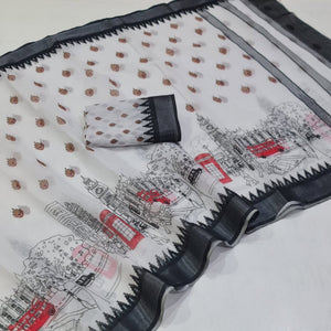 White Printed Linen Saree