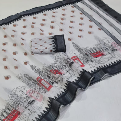 White Printed Linen Saree