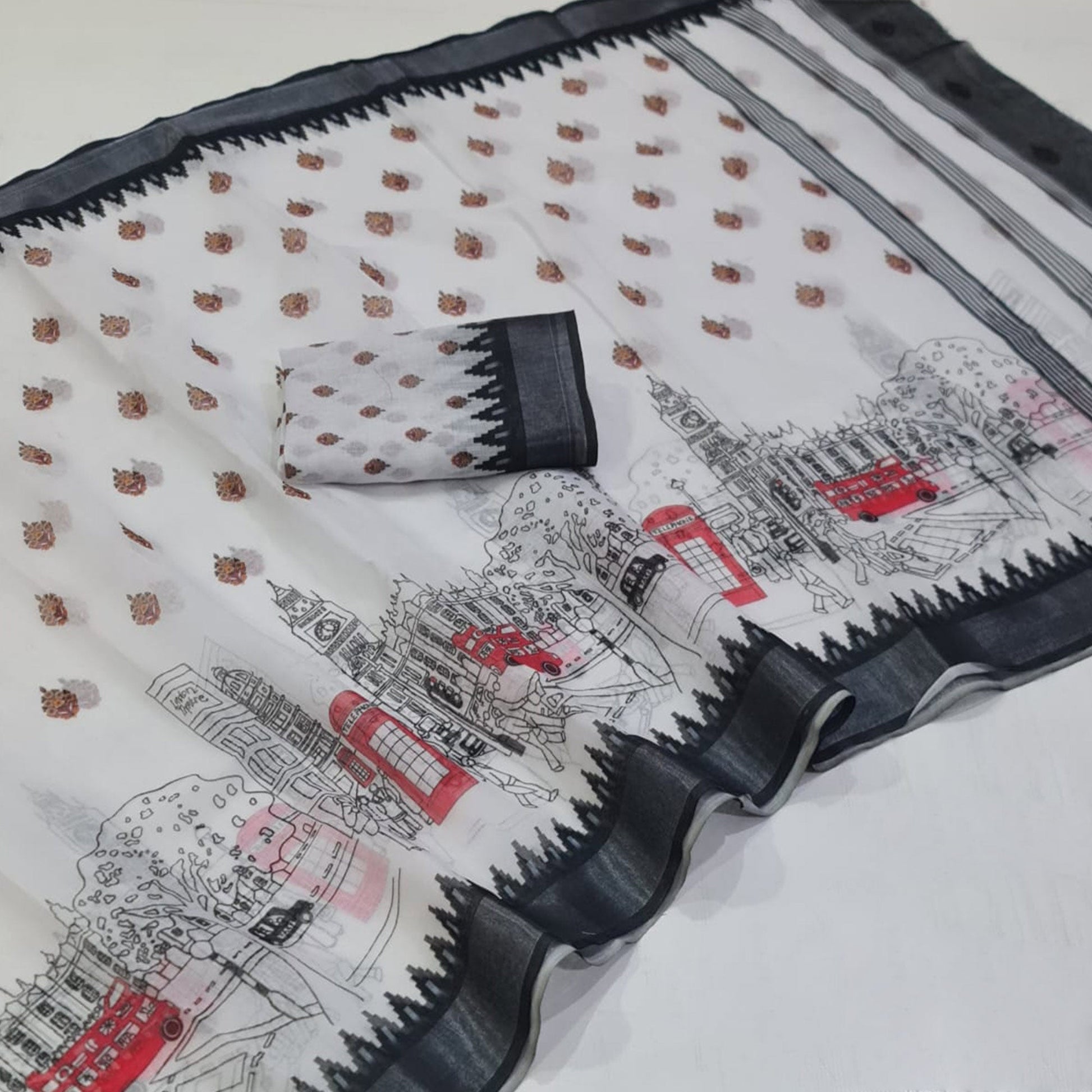 White Printed Linen Saree
