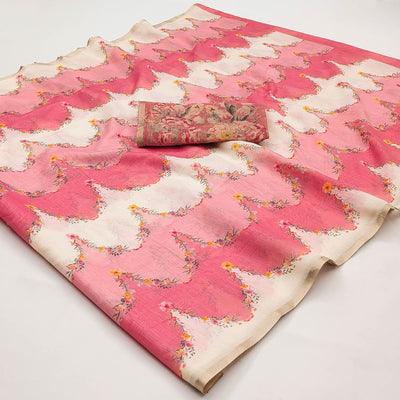 Gajari Pink Floral Digital Printed Chanderi Cotton Saree