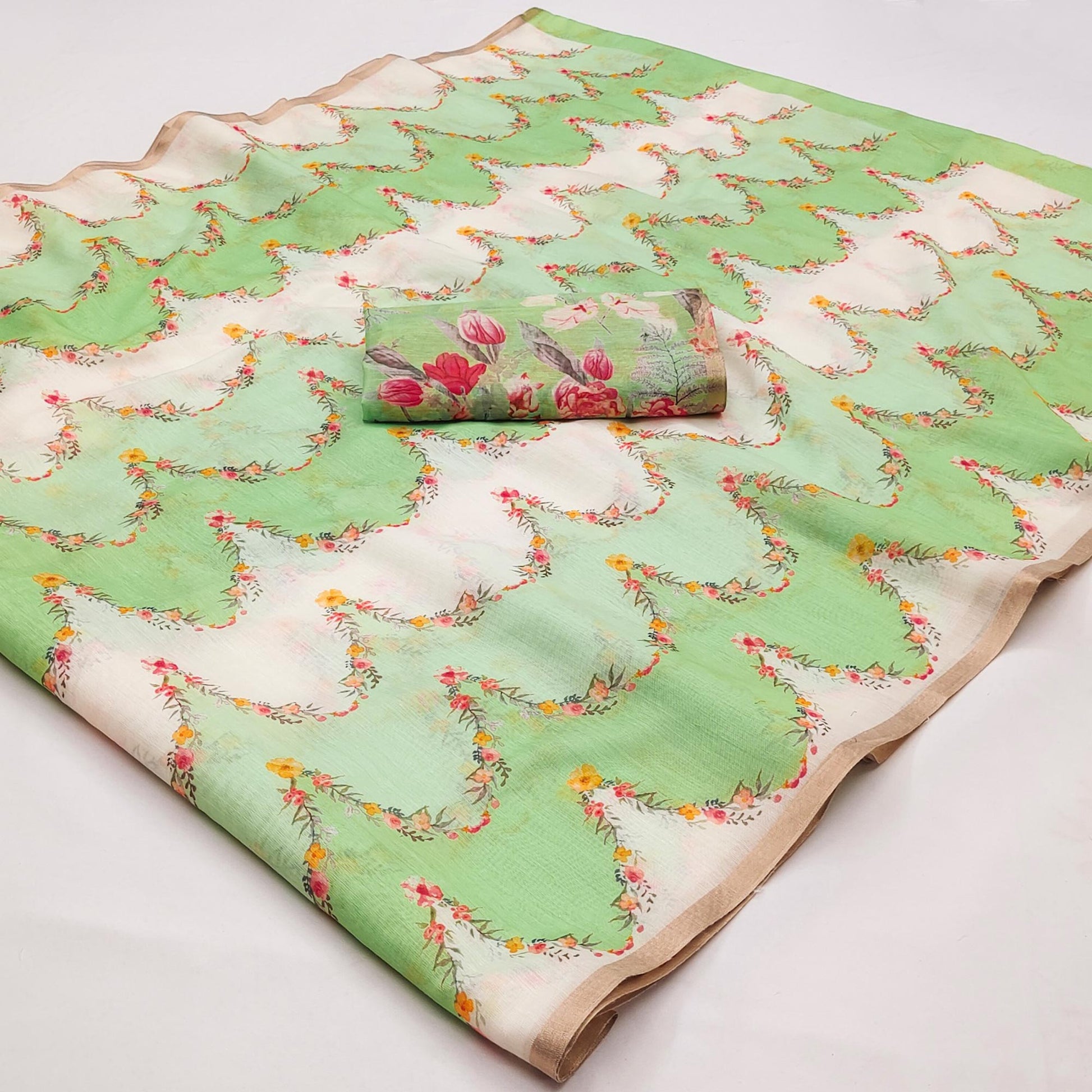 green-floral-digital-printed-chanderi-cotton-saree