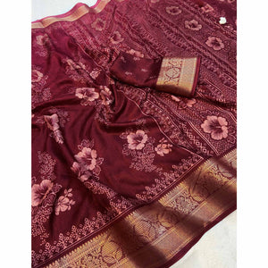 Maroon Floral Printed Moss Art Silk Saree With Woven Border