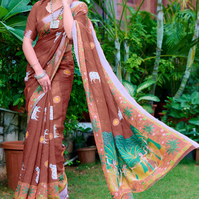 Brown Floral Printed Linen Saree