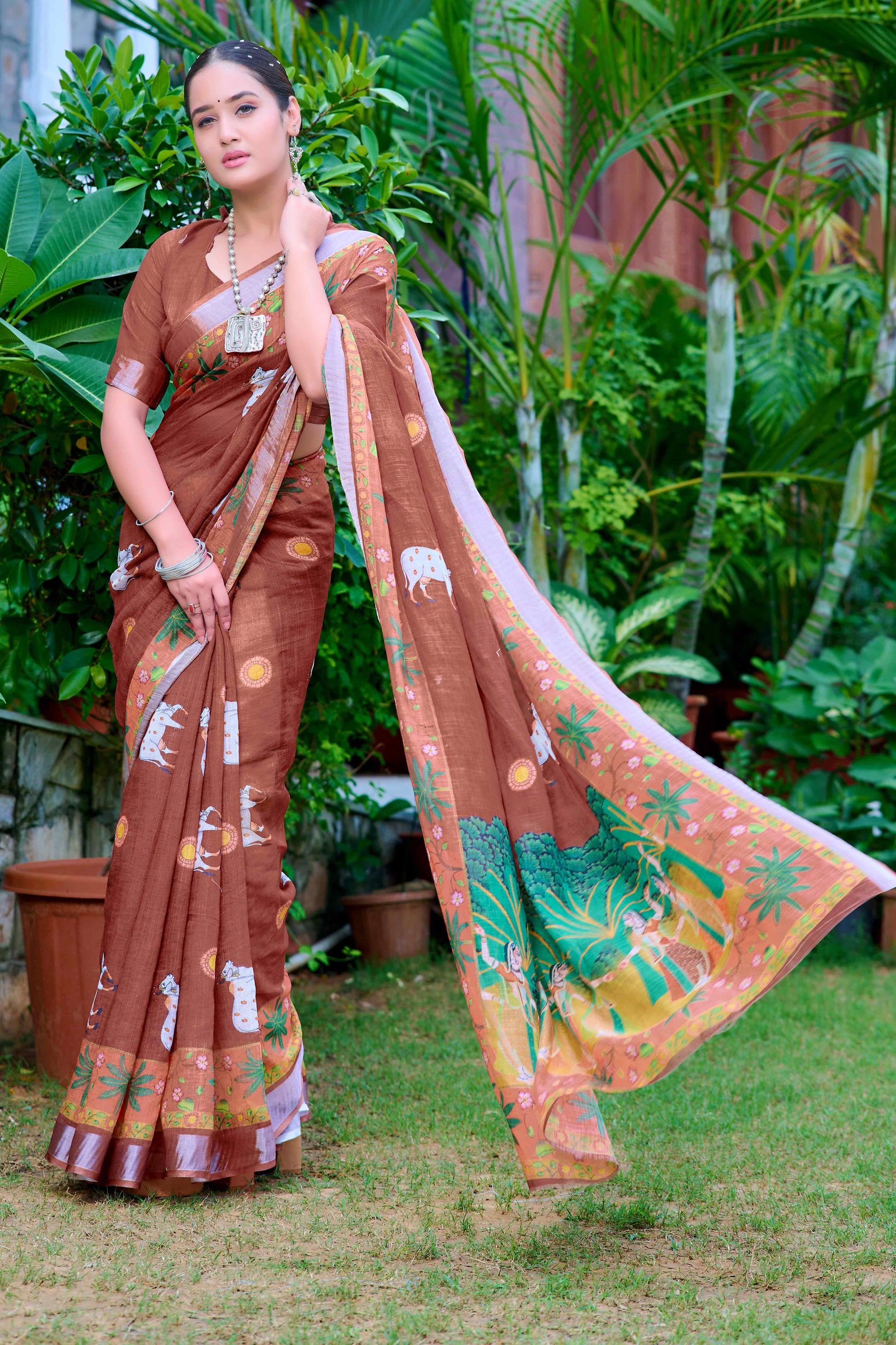 Brown Floral Printed Linen Saree