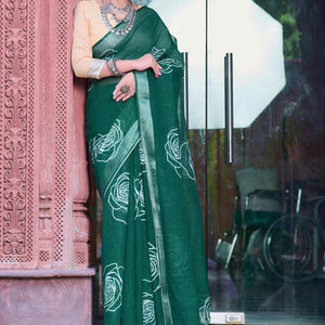 Dark Green Floral Printed Linen Saree