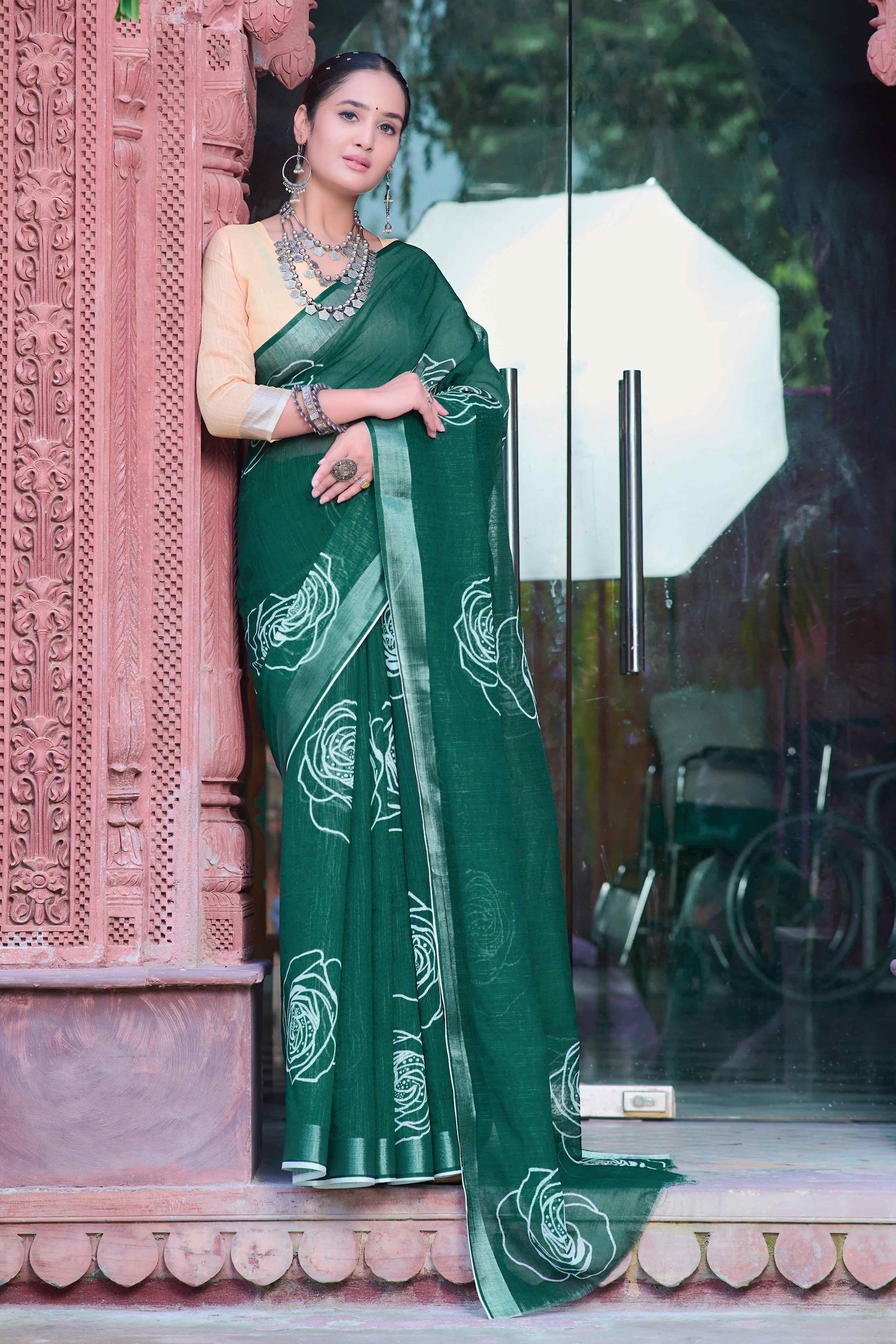 Dark Green Floral Printed Linen Saree
