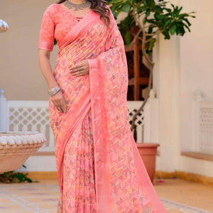 Gajri Pink Geometric Printed Linen Saree