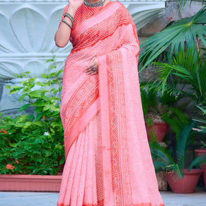 Gajri Pink Bandhani Printed Linen Saree