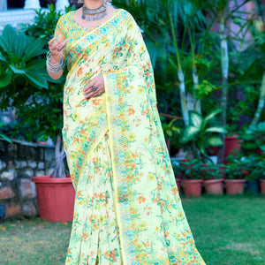 green-floral-printed-linen-saree-3