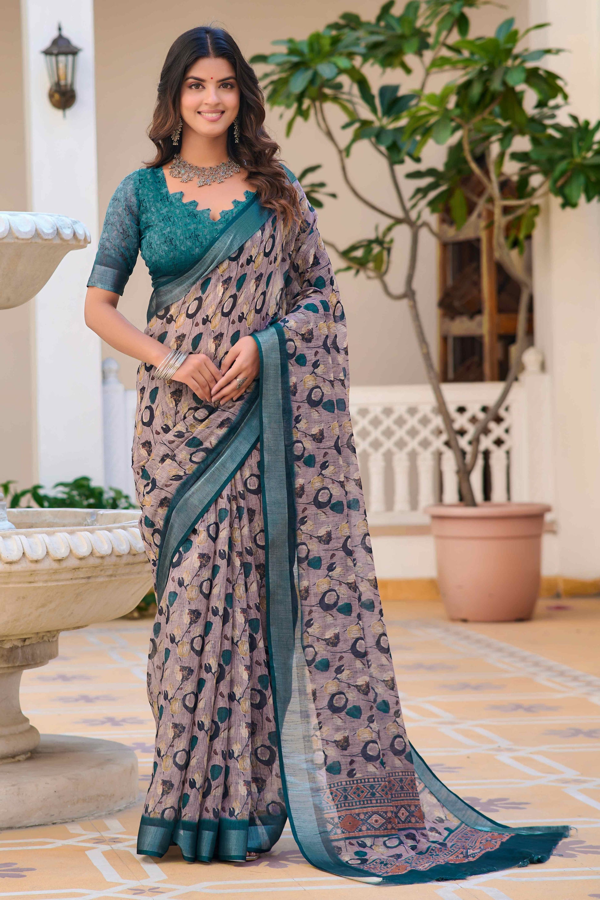 grey-floral-printed-linen-saree-3