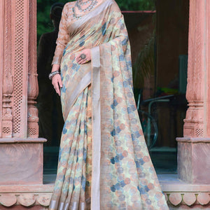 Light Brown Geometric Printed Linen Saree