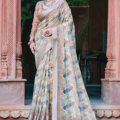 Light Brown Geometric Printed Linen Saree