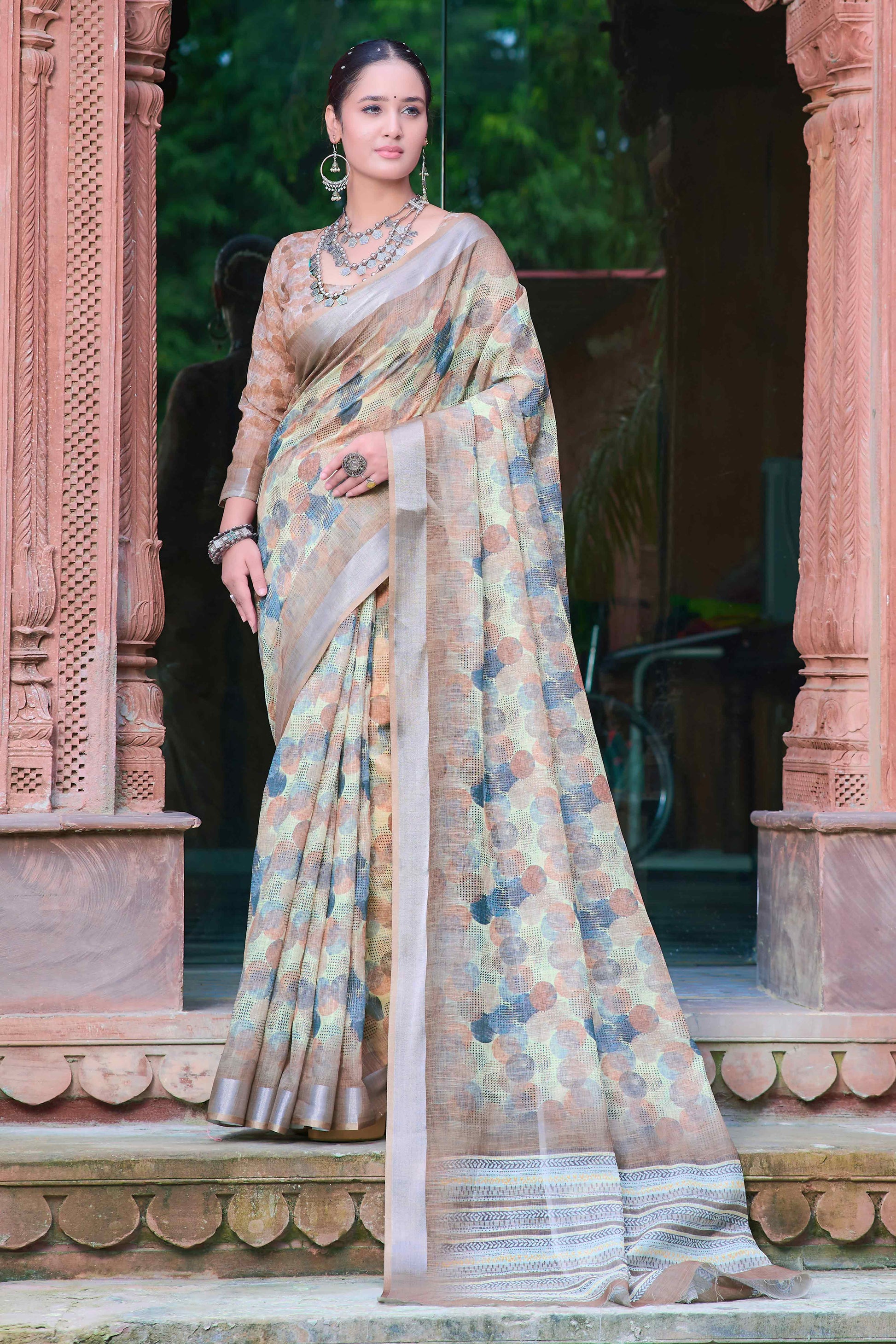 Light Brown Geometric Printed Linen Saree